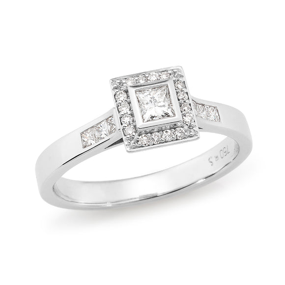 9ct WG Princess Cut Diamond Bezel Set Engagement Ring with Halo and Shoulder Diamonds