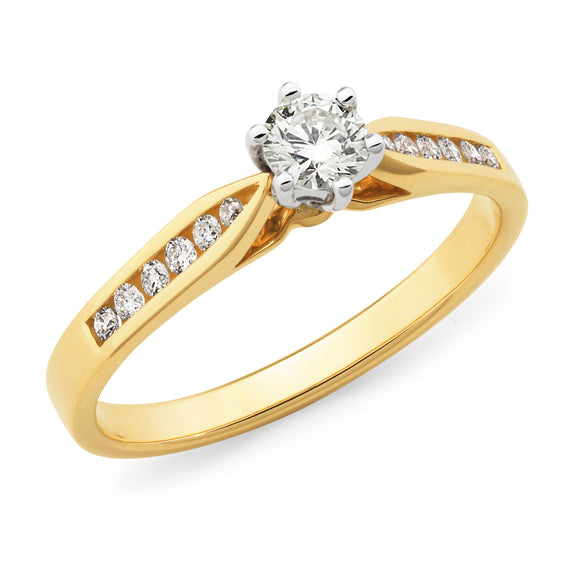9ct YG/WG Solitaire Diamond Ring with Channel Set Diamond Shoulders