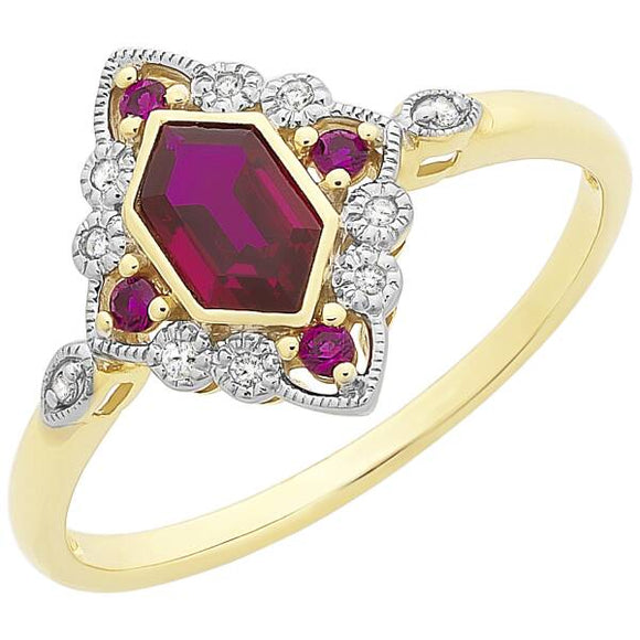 9ct Two Tone Created Ruby and Diamond Ring